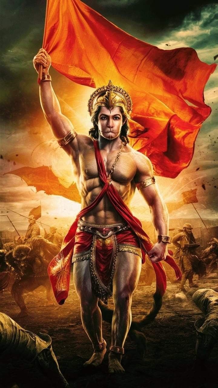 Powerful Hanuman with orange flag