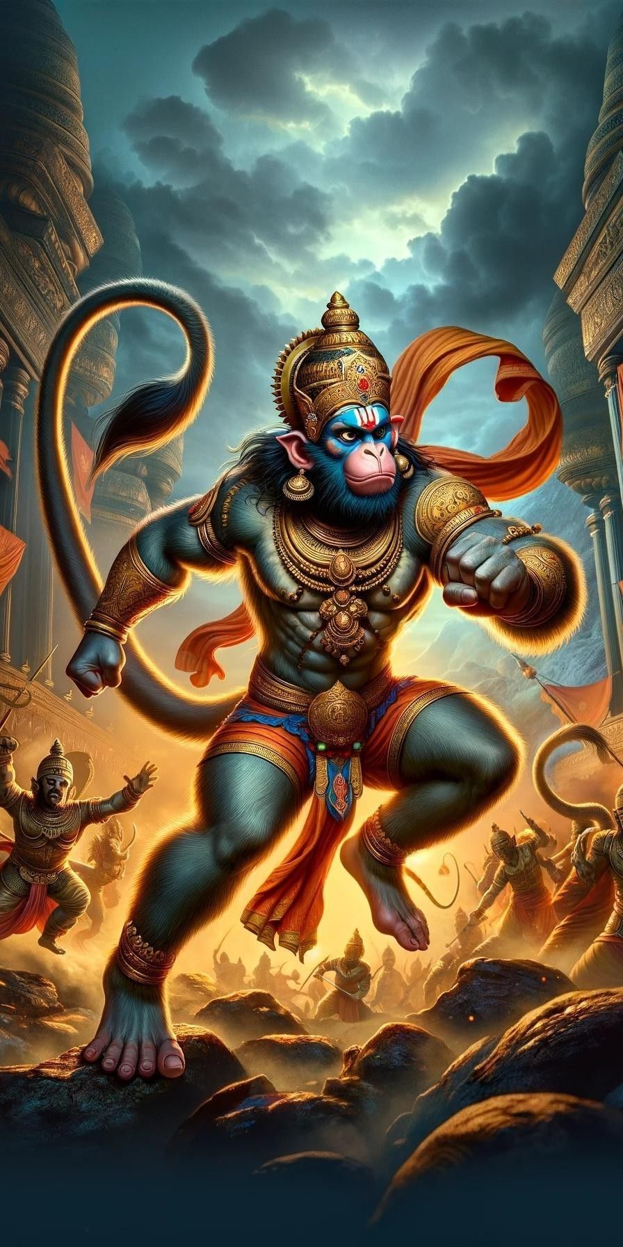 Hanuman soars over battlefield, divine warrior