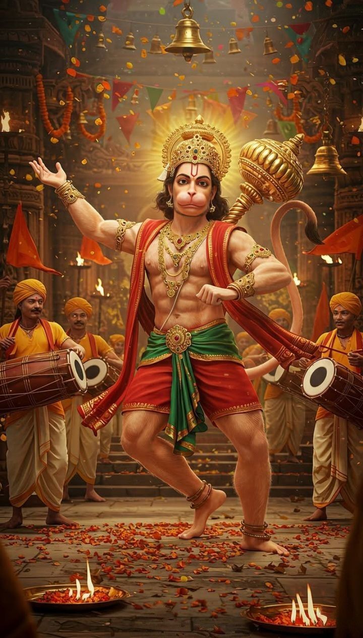 Hanuman celebrating victory with devotees