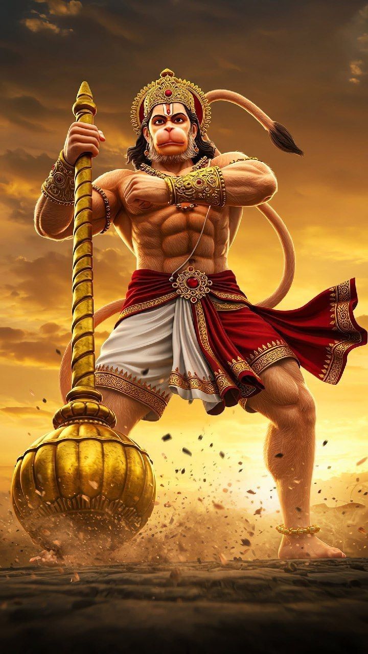 Hanuman stands with mace, a powerful deity.