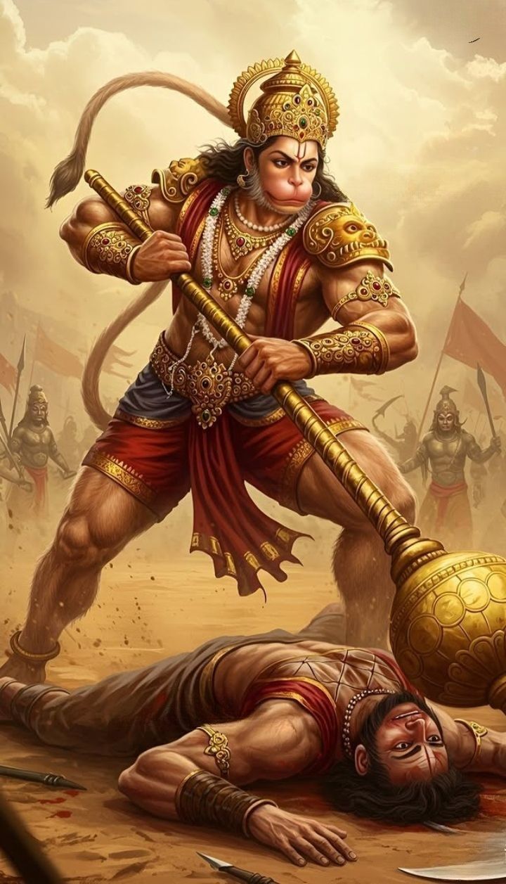 Hanuman triumphant on battlefield, powerful deity.
