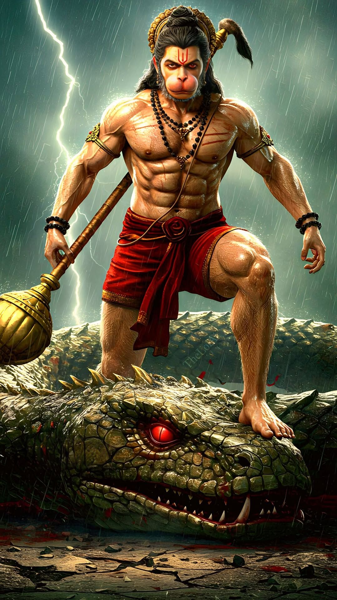 Hanuman stands atop a serpent, gada raised.