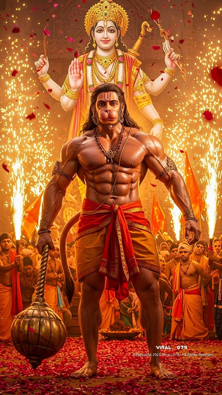 Hanuman standing with mace, devotees praying