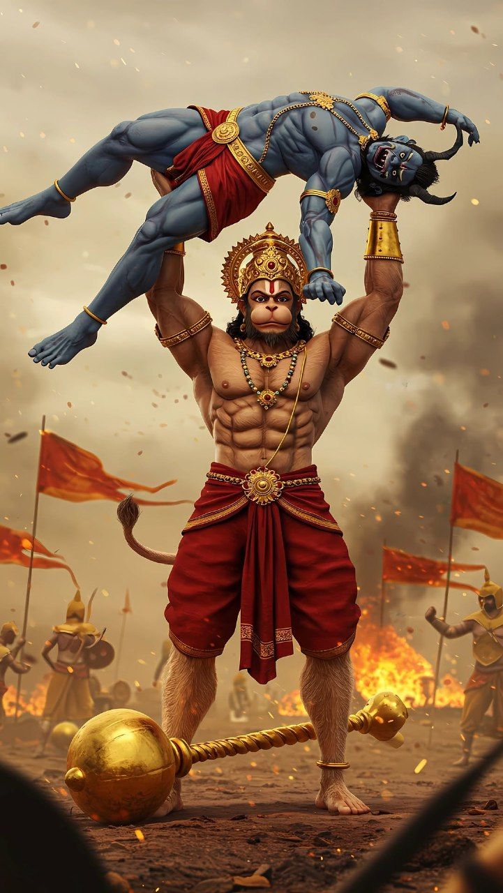 Hanuman lifting Lord Ram in battle