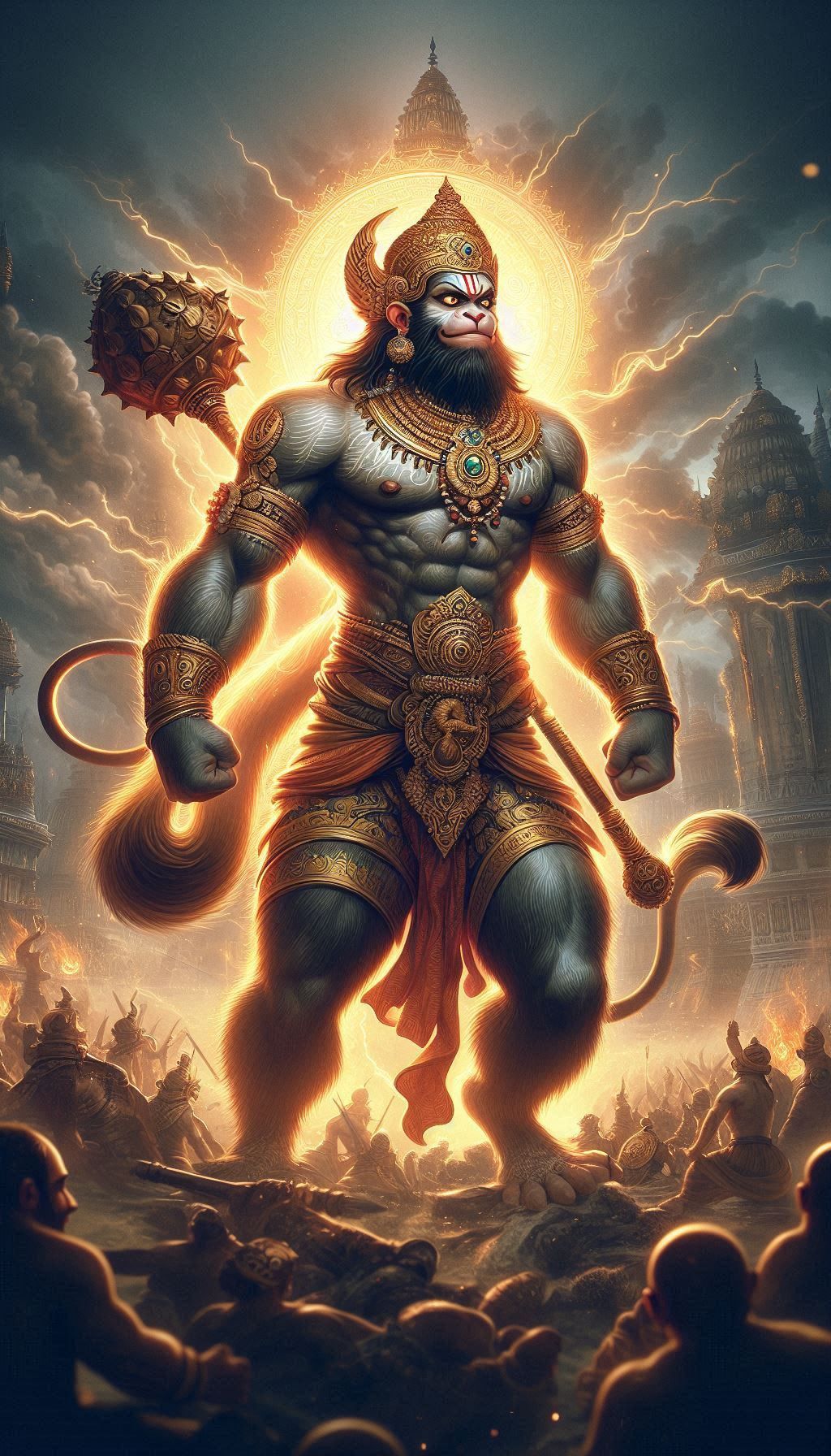 Powerful Hanuman standing amidst a battlefield