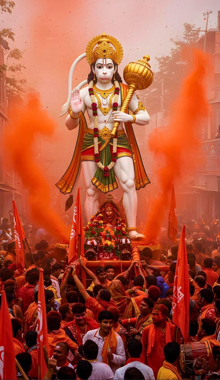 Hanuman carried in a vibrant festival.
