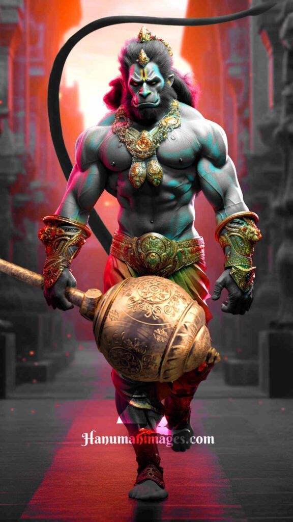 Powerful Hanuman with mace, divine portrait.