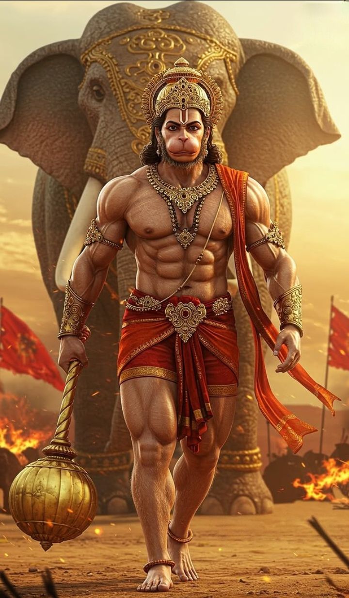 Powerful Hanuman walking with mace