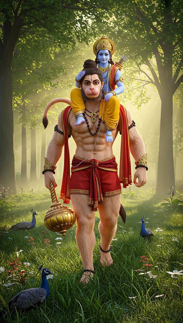 Hanuman carrying Ram and Sita