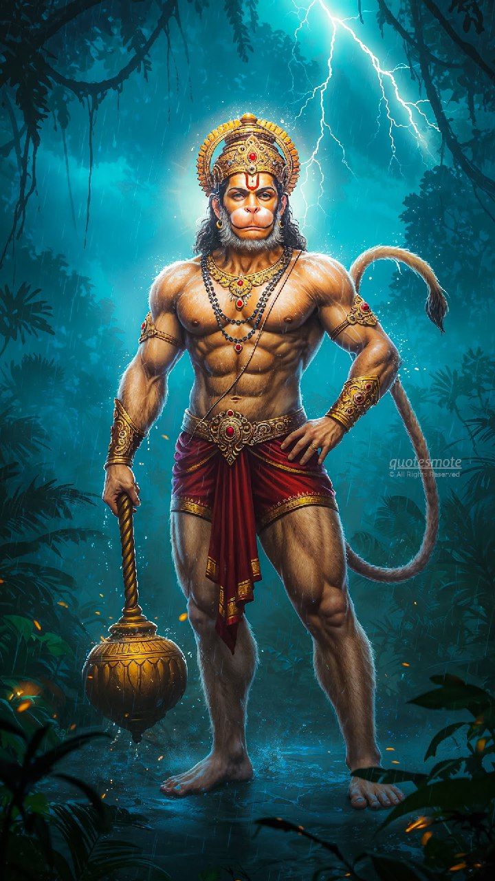 Powerful Hanuman standing with mace in forest
