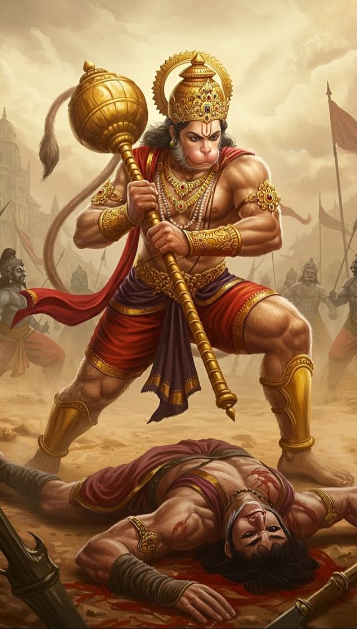 Hanuman stands victorious in battlefield