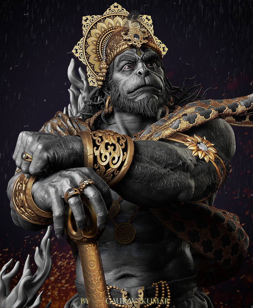 Powerful Hanuman portrait with gold jewelry