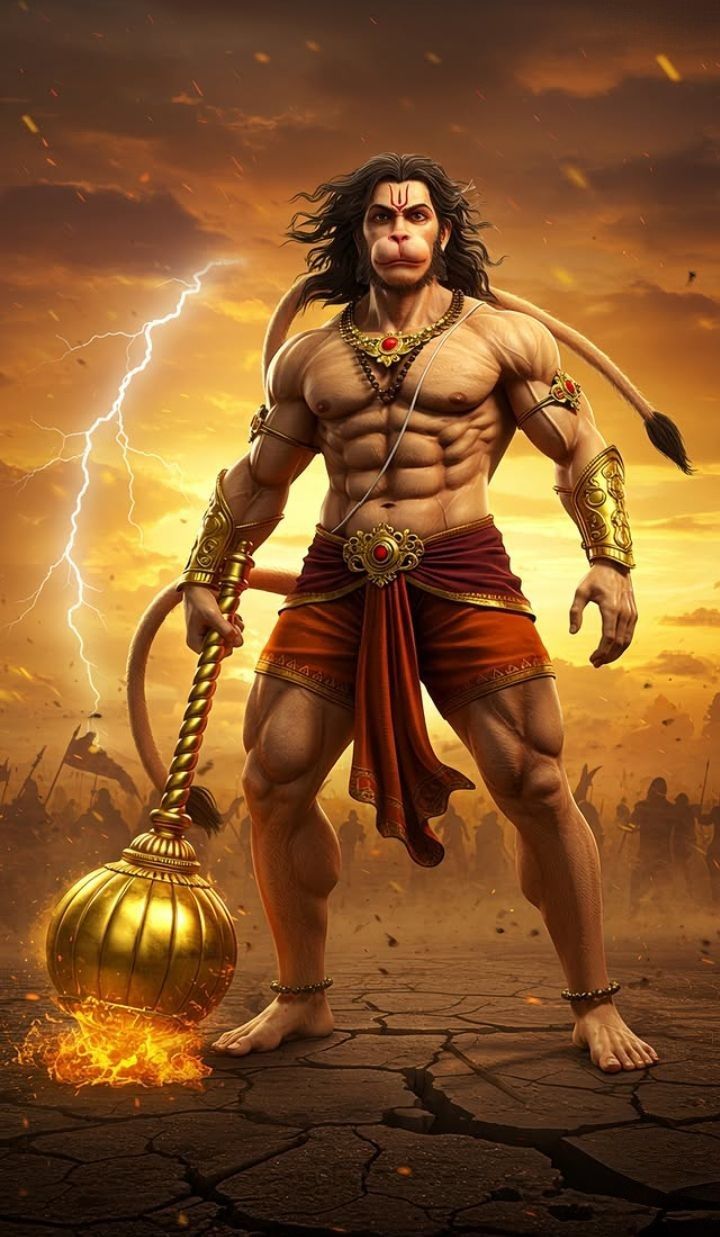 Powerful Hanuman wielding his mace
