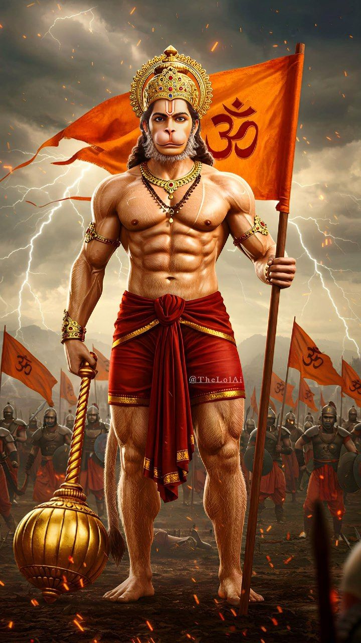 Hanuman stands powerful on battlefield.