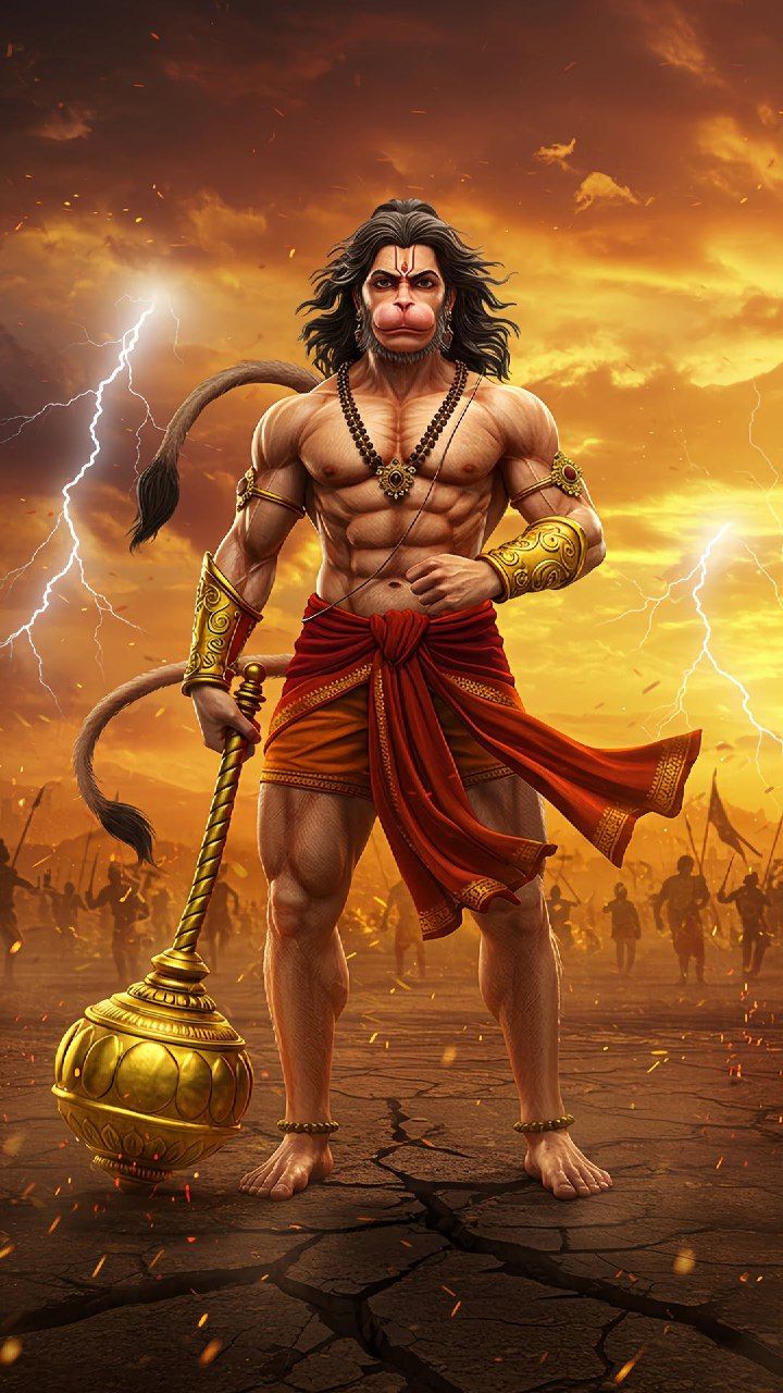 Powerful Hanuman wielding his mace.