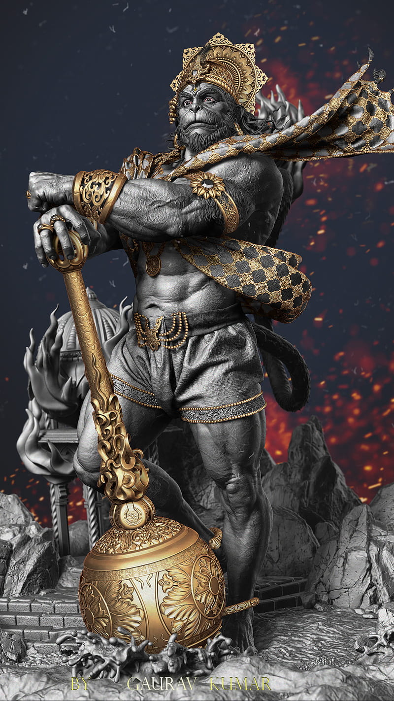 Powerful Hanuman wielding his mace.
