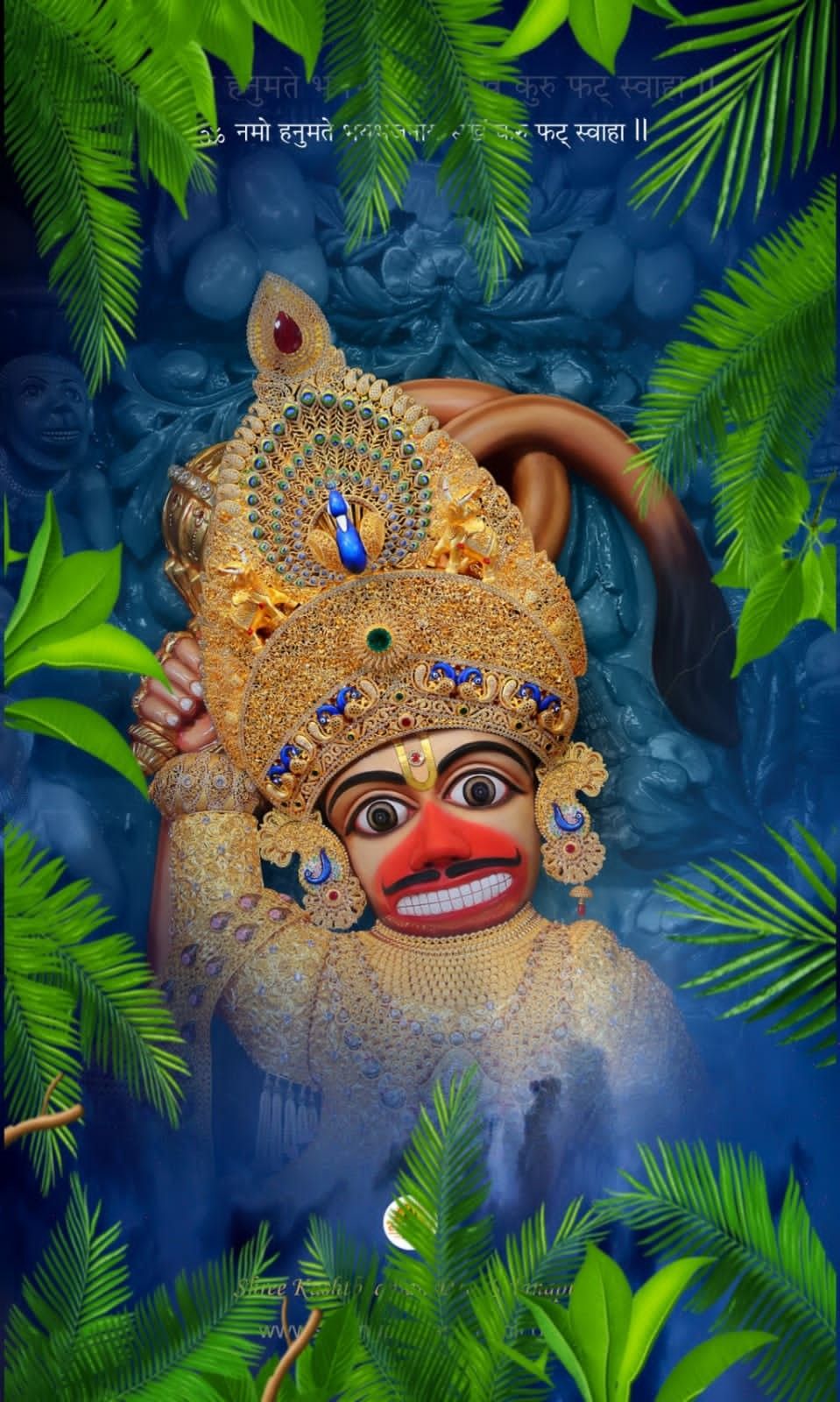 Hanuman adorned in jewelry, lush foliage.