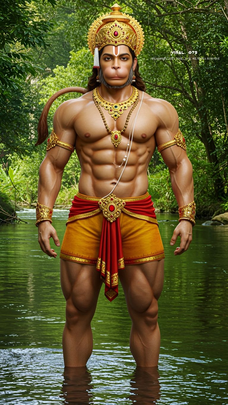 Powerful Hanuman standing in a forest.