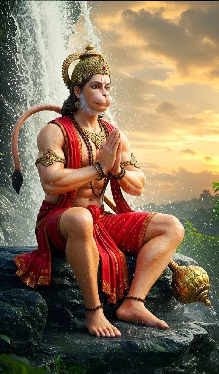 Hanuman in prayer by a waterfall