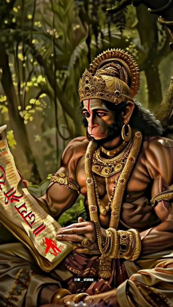 Hanuman reading sacred scrolls in forest