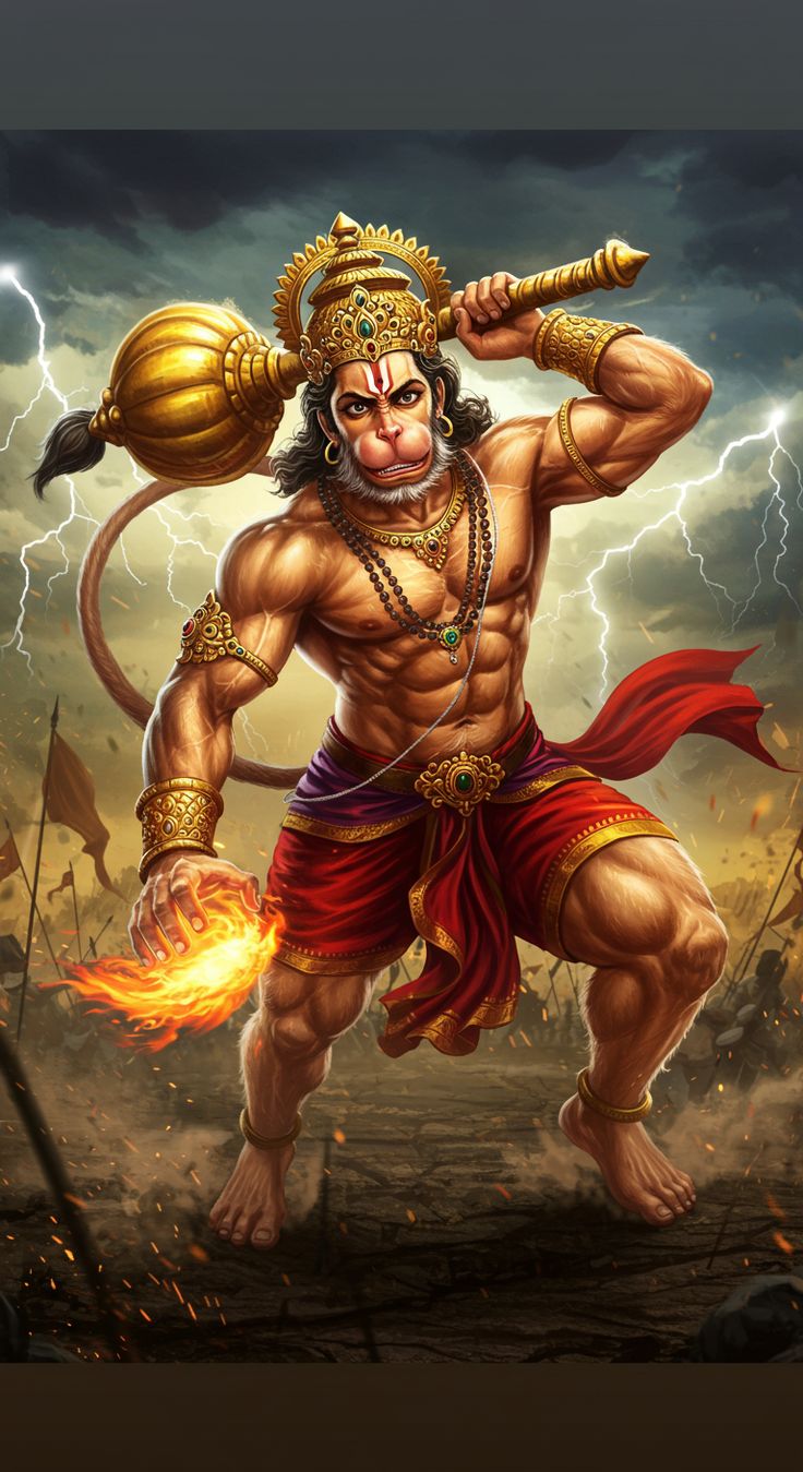 Powerful Hanuman wielding his mace.