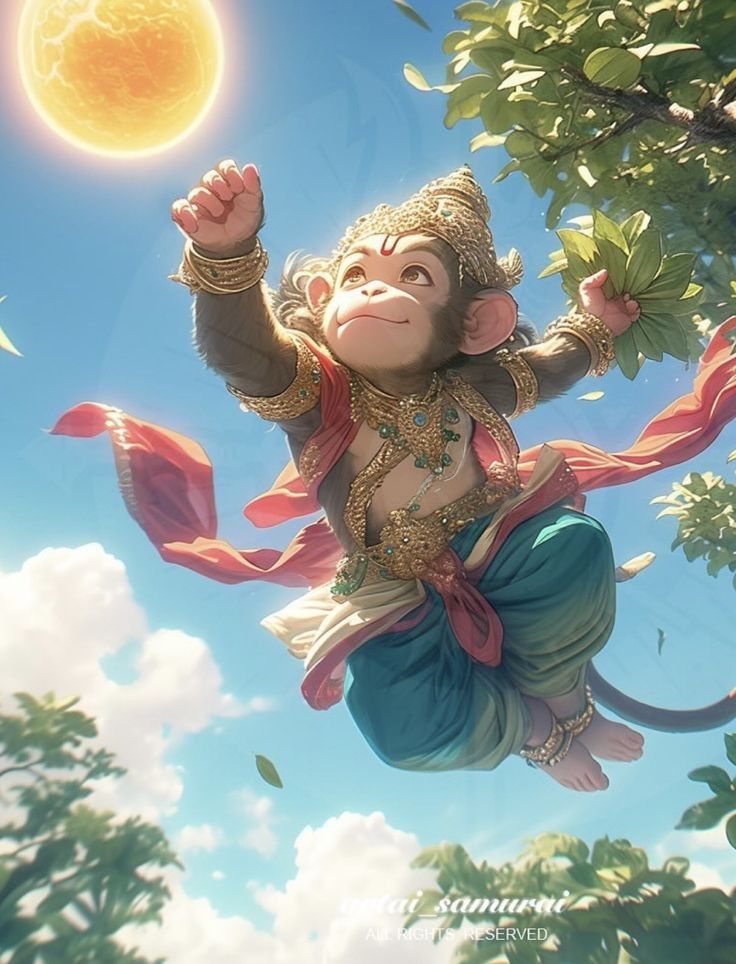 Young Hanuman soaring through the clouds