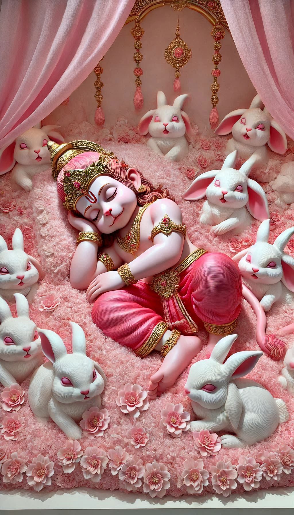 Sleeping baby Hanuman surrounded by rabbits