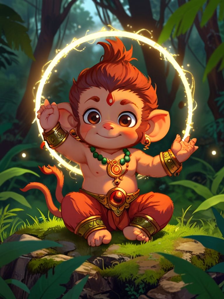 Young Hanuman in a vibrant forest scene