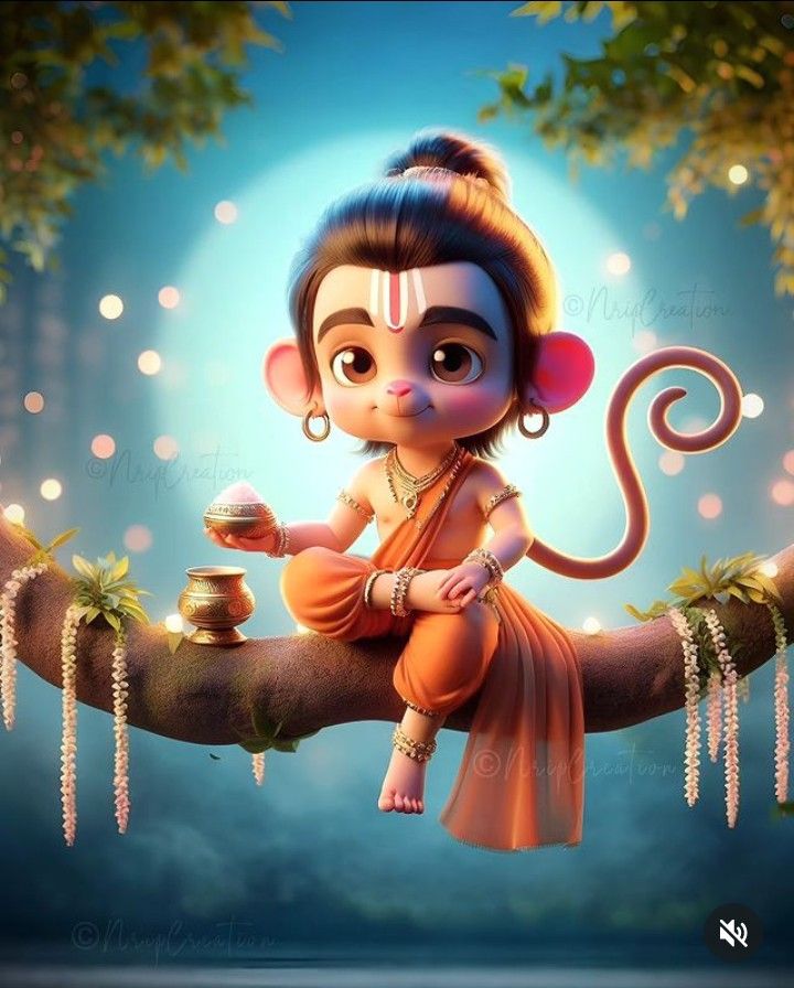 Baby Hanuman offering sweets in bowl.