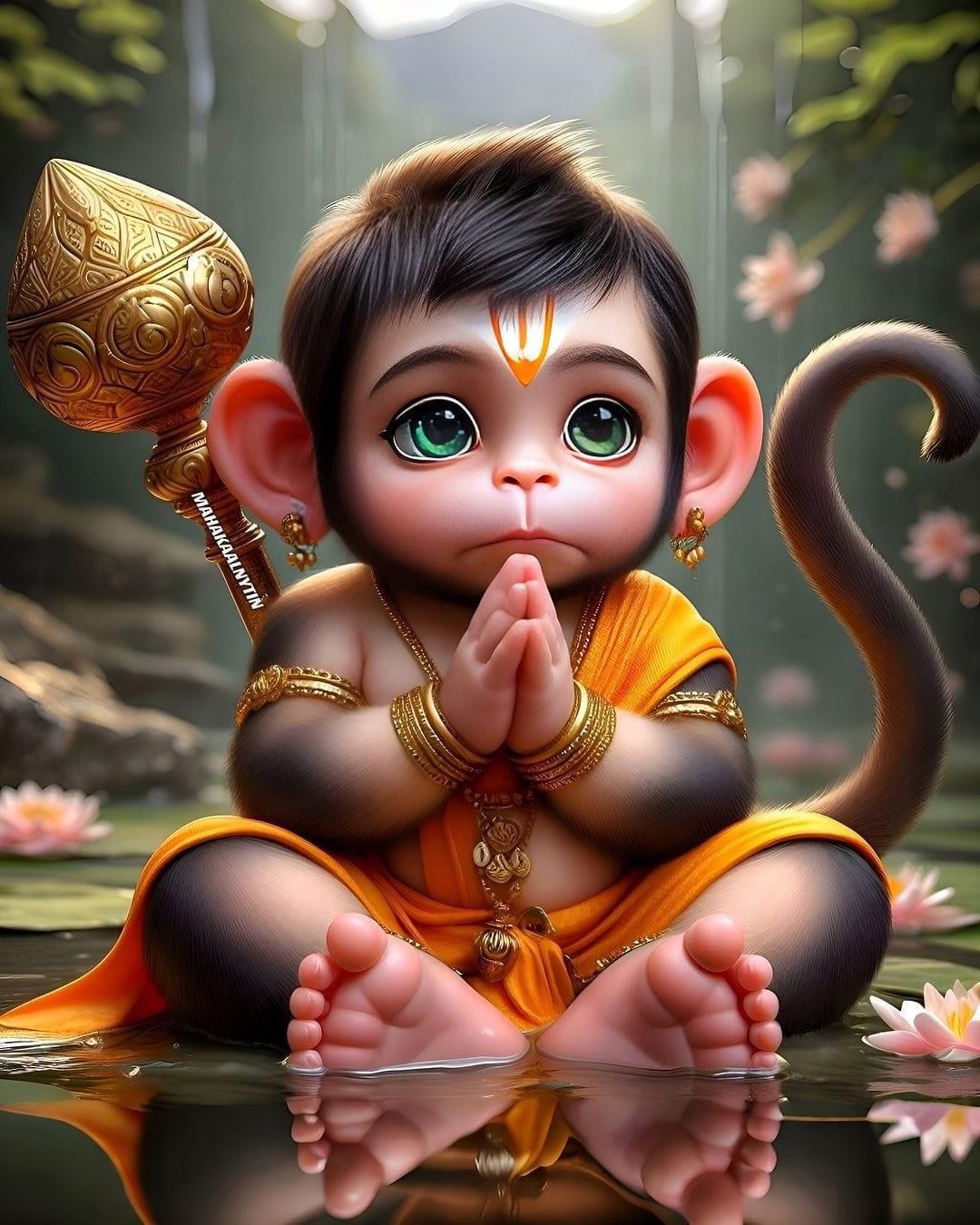 Baby Hanuman in prayer with gada