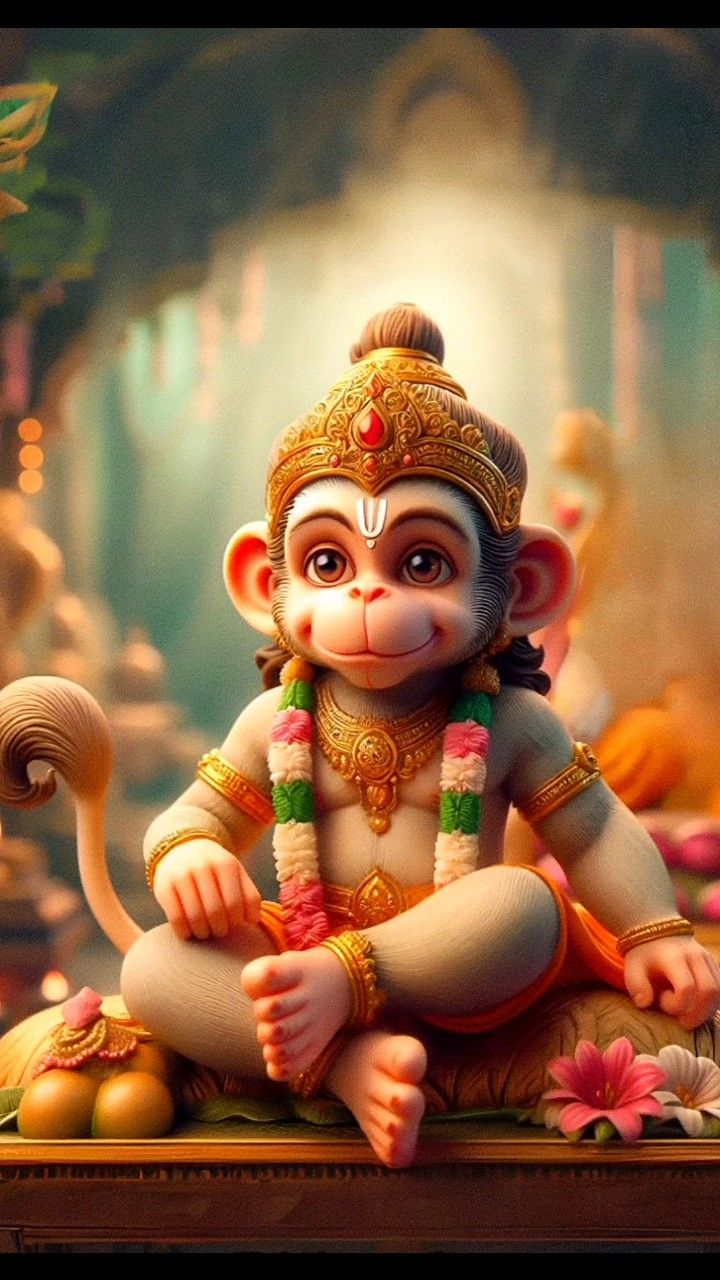Adorable Hanuman child with lotus flowers