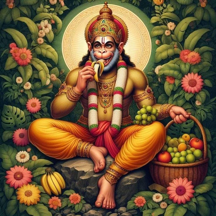 Hanuman enjoying a banana in garden