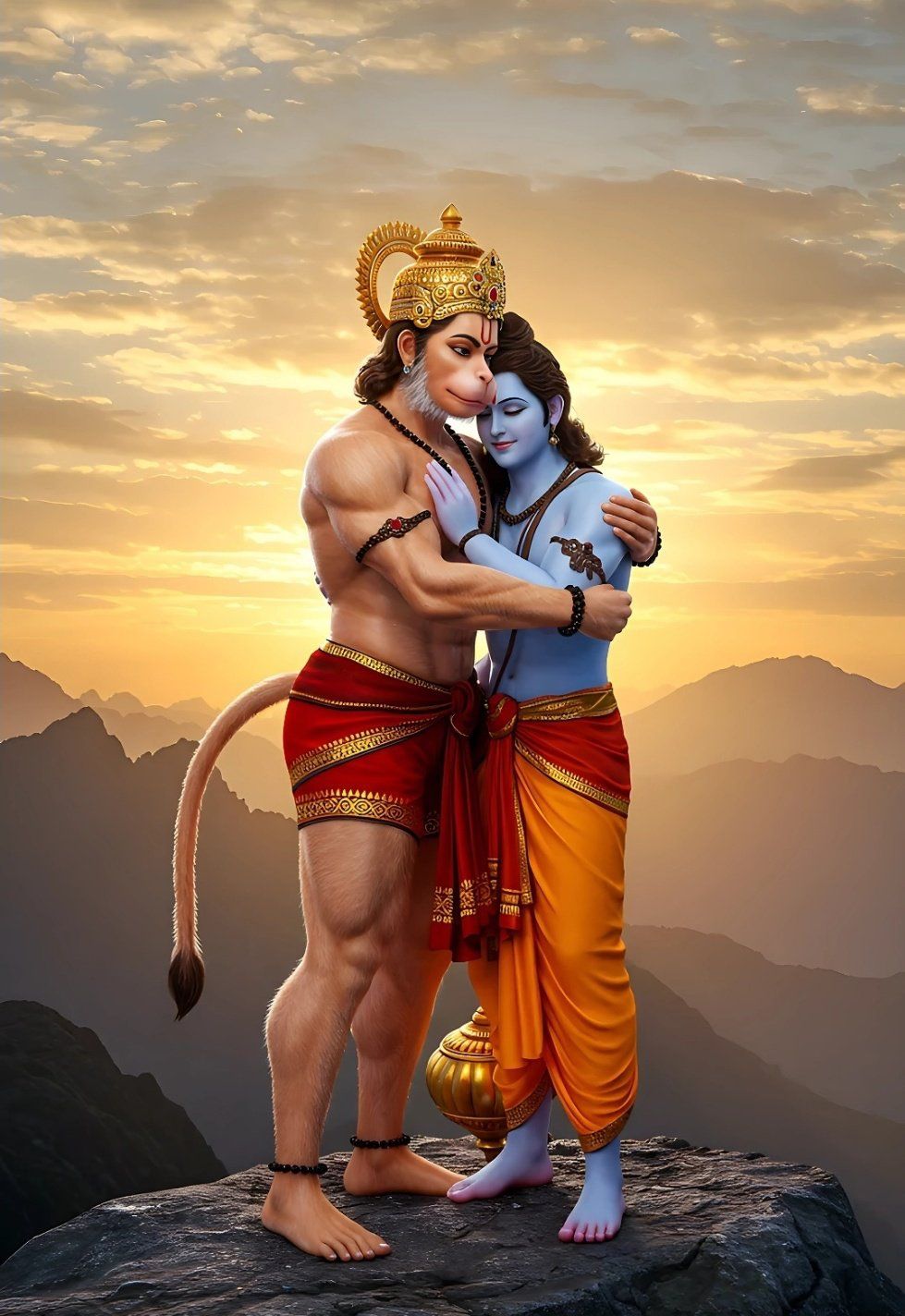 Hanuman embraces Lord Ram at sunset