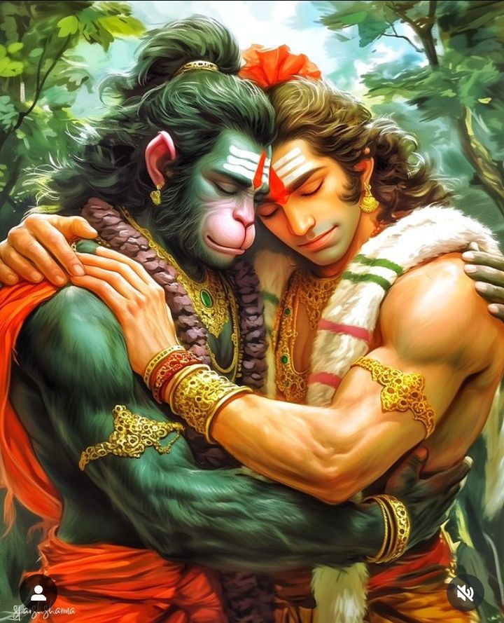 Hanuman lovingly embraces Lord Ram.