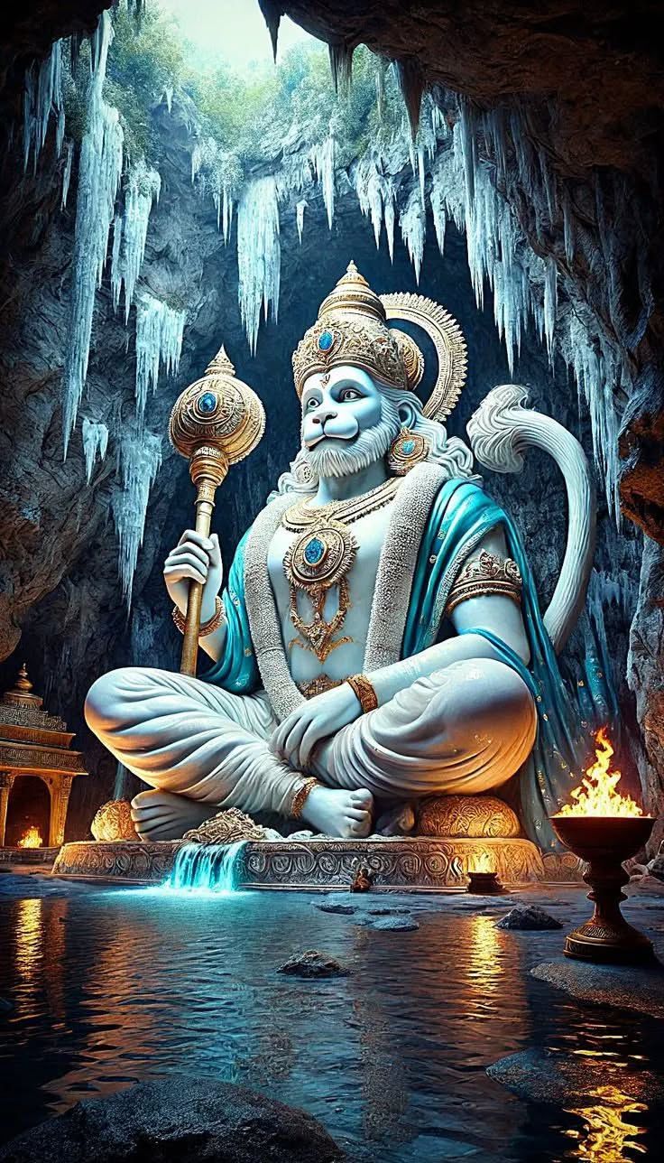 Hanuman seated with gada in cave