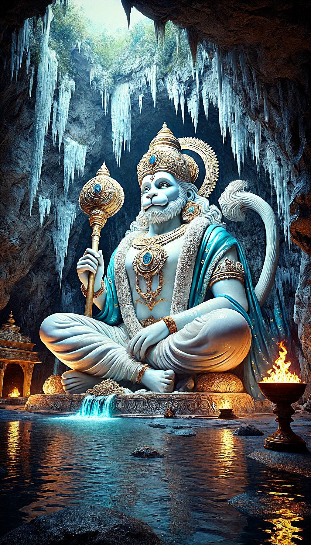 Hanuman seated in a sacred cave.
