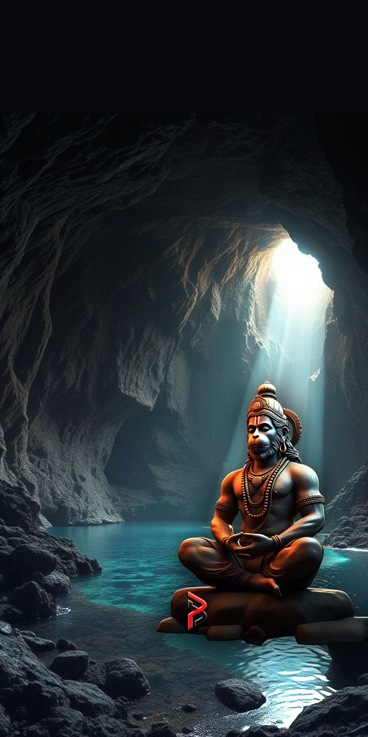 Hanuman meditating in a sacred cave.