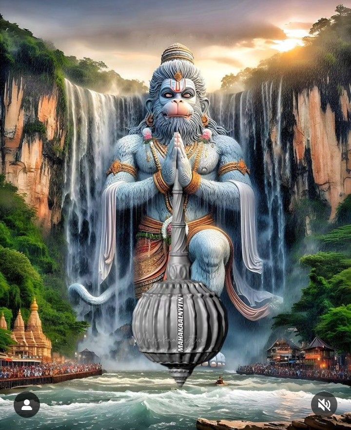 Hanuman praying before a majestic waterfall.