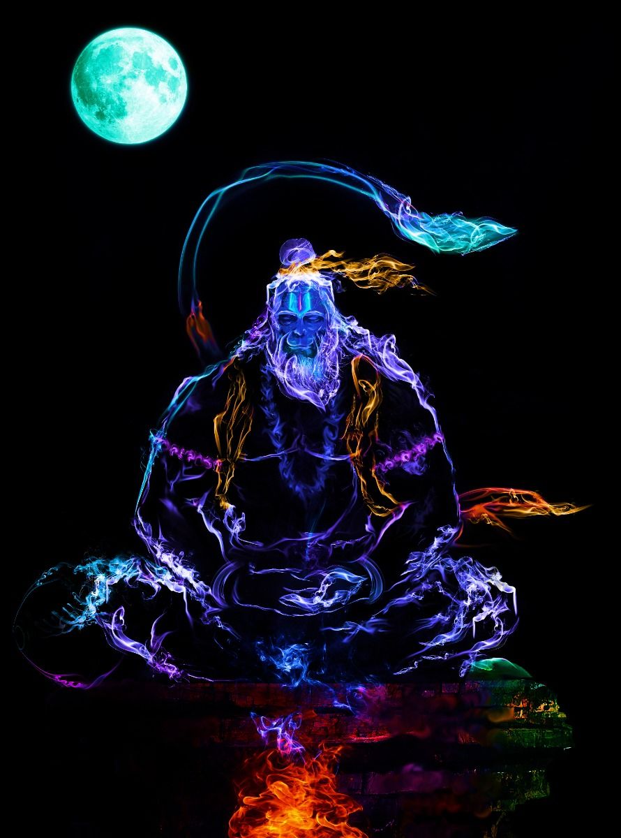 Hanuman carrying mountain under moonlit sky