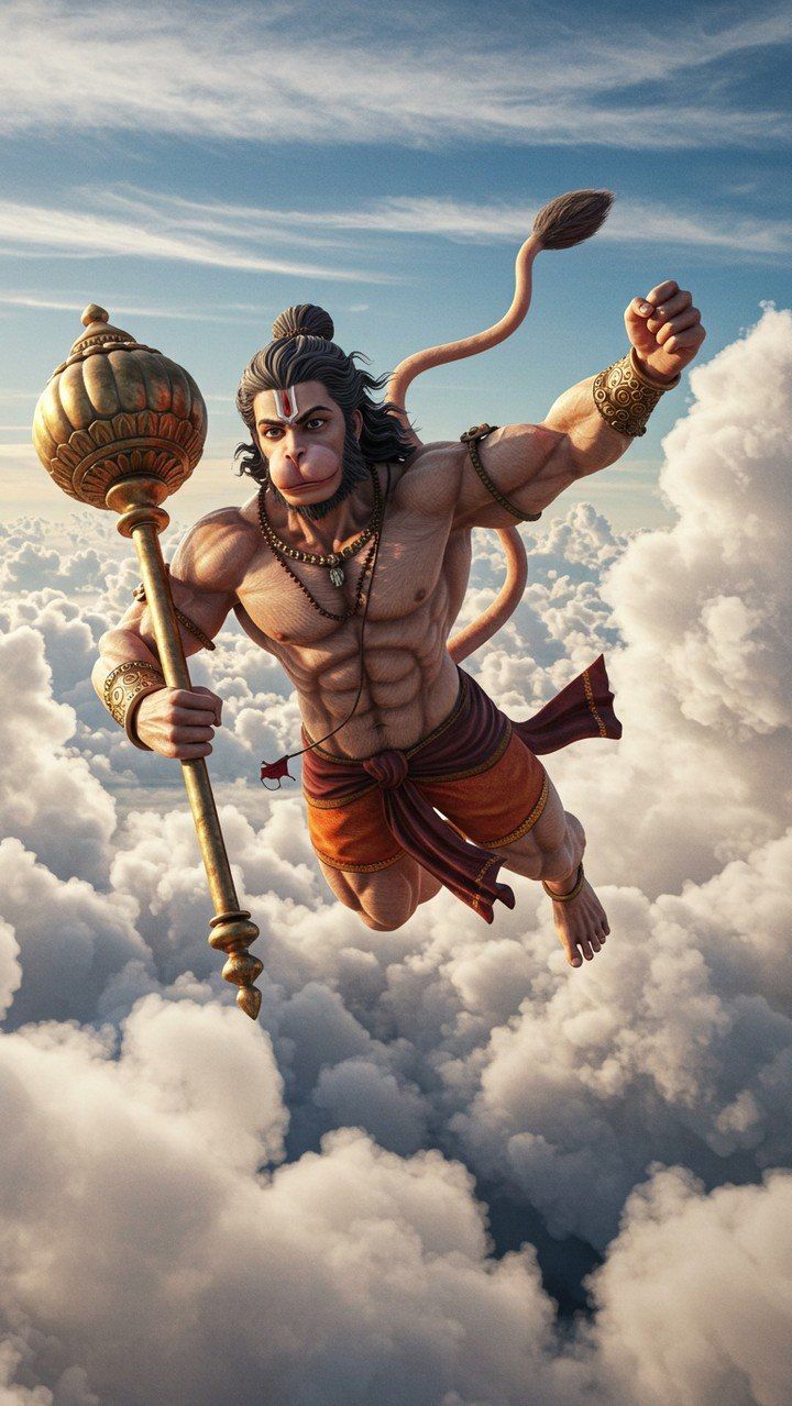 Hanuman soaring through cloudy skies