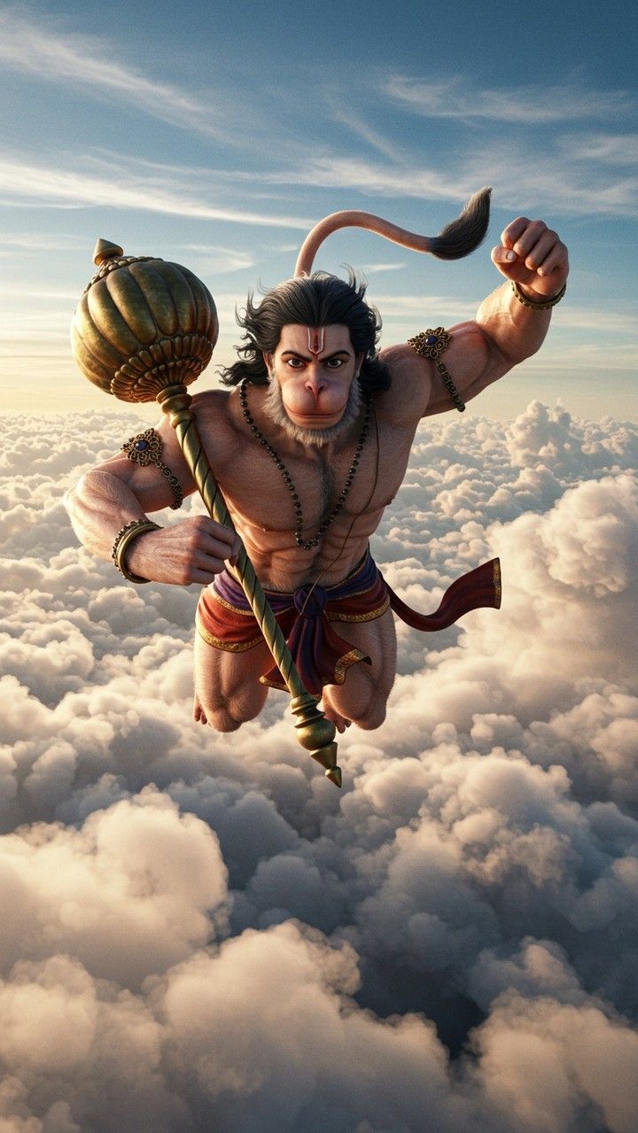 Hanuman flying with his mace.