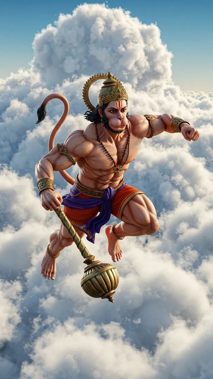 Hanuman flying with mace in clouds