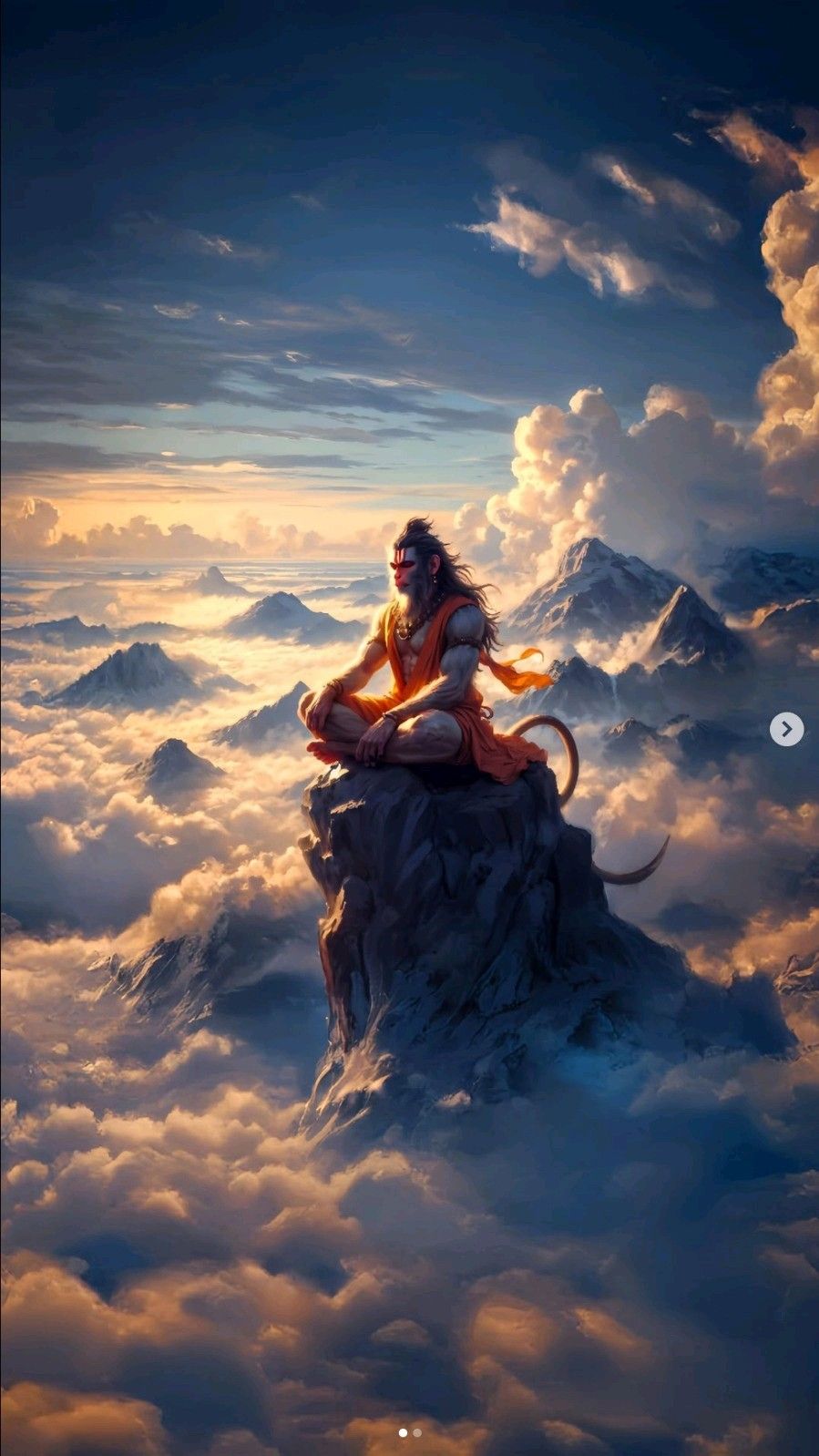 Hanuman meditating on a mountain peak