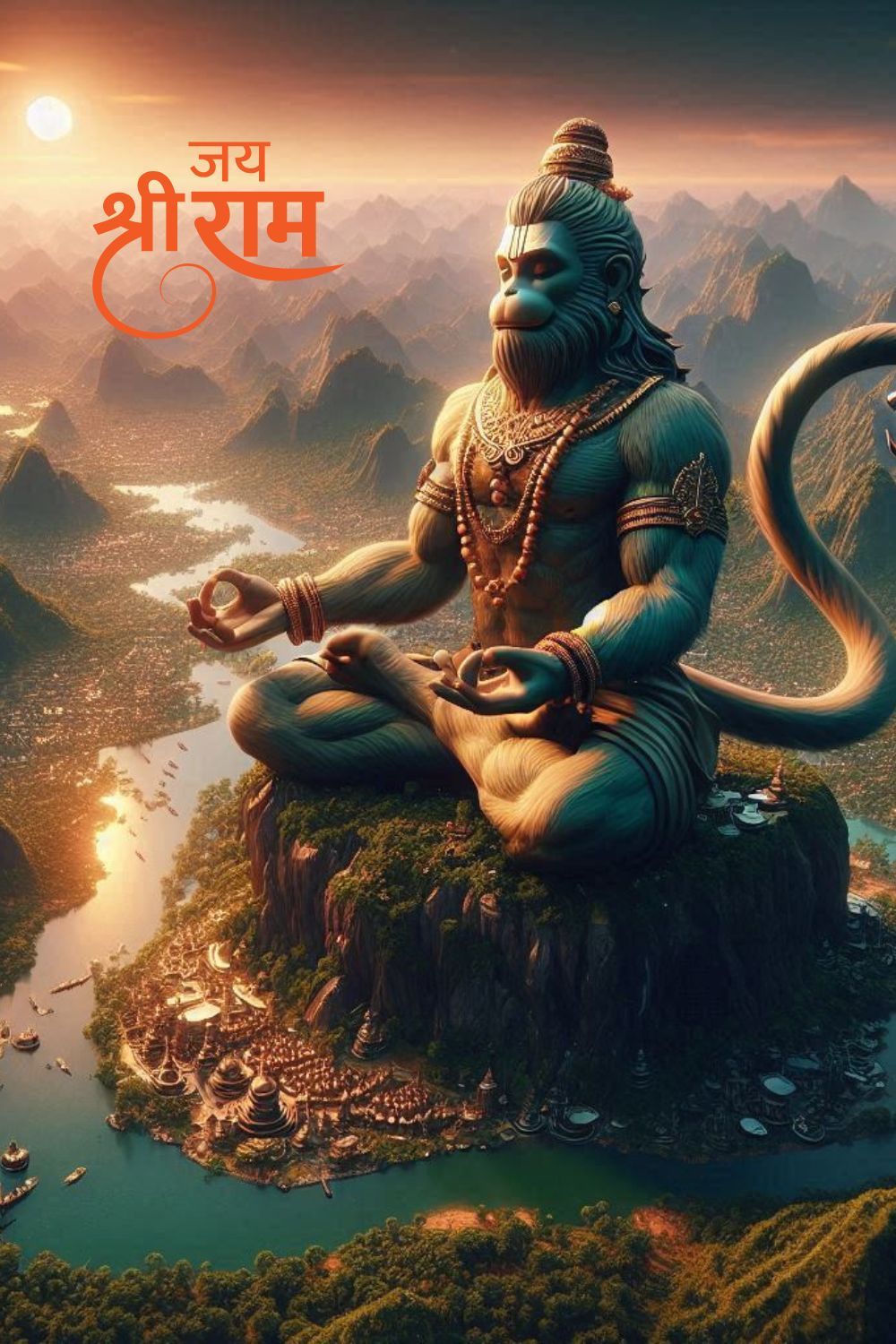 Hanuman meditating on a mountain peak