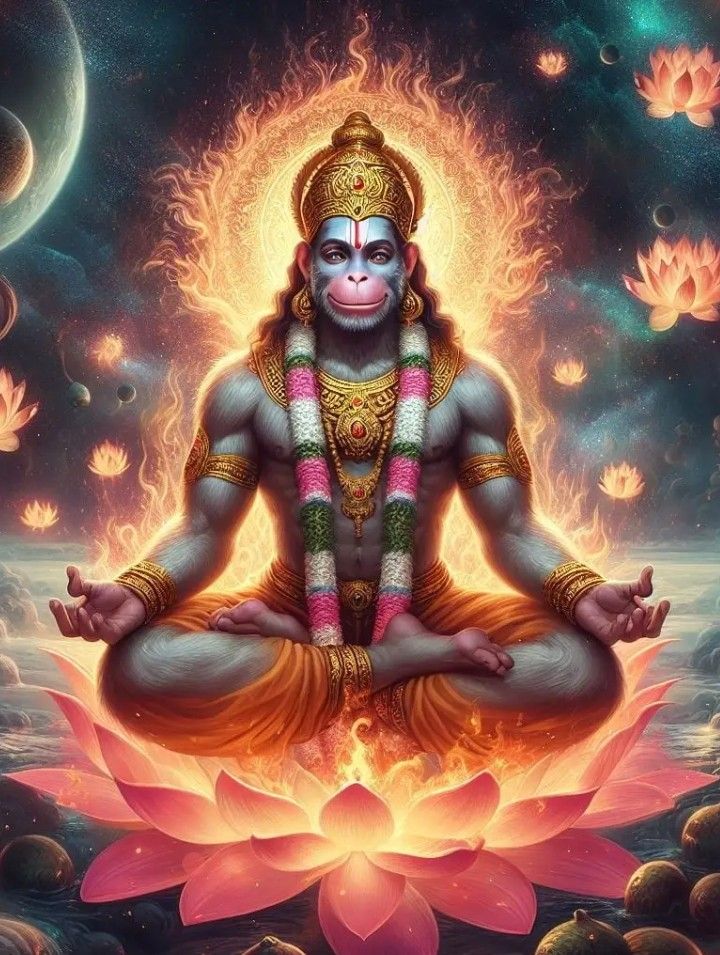 Hanuman meditating amidst a starry cosmos