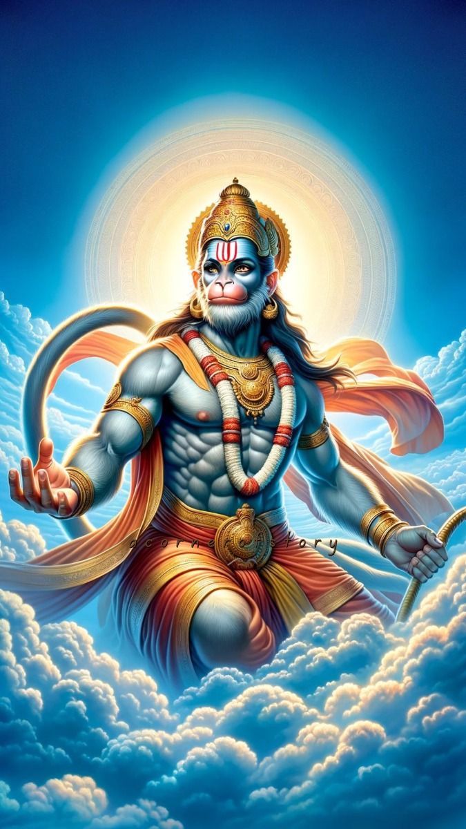 Powerful Hanuman flying amidst the clouds