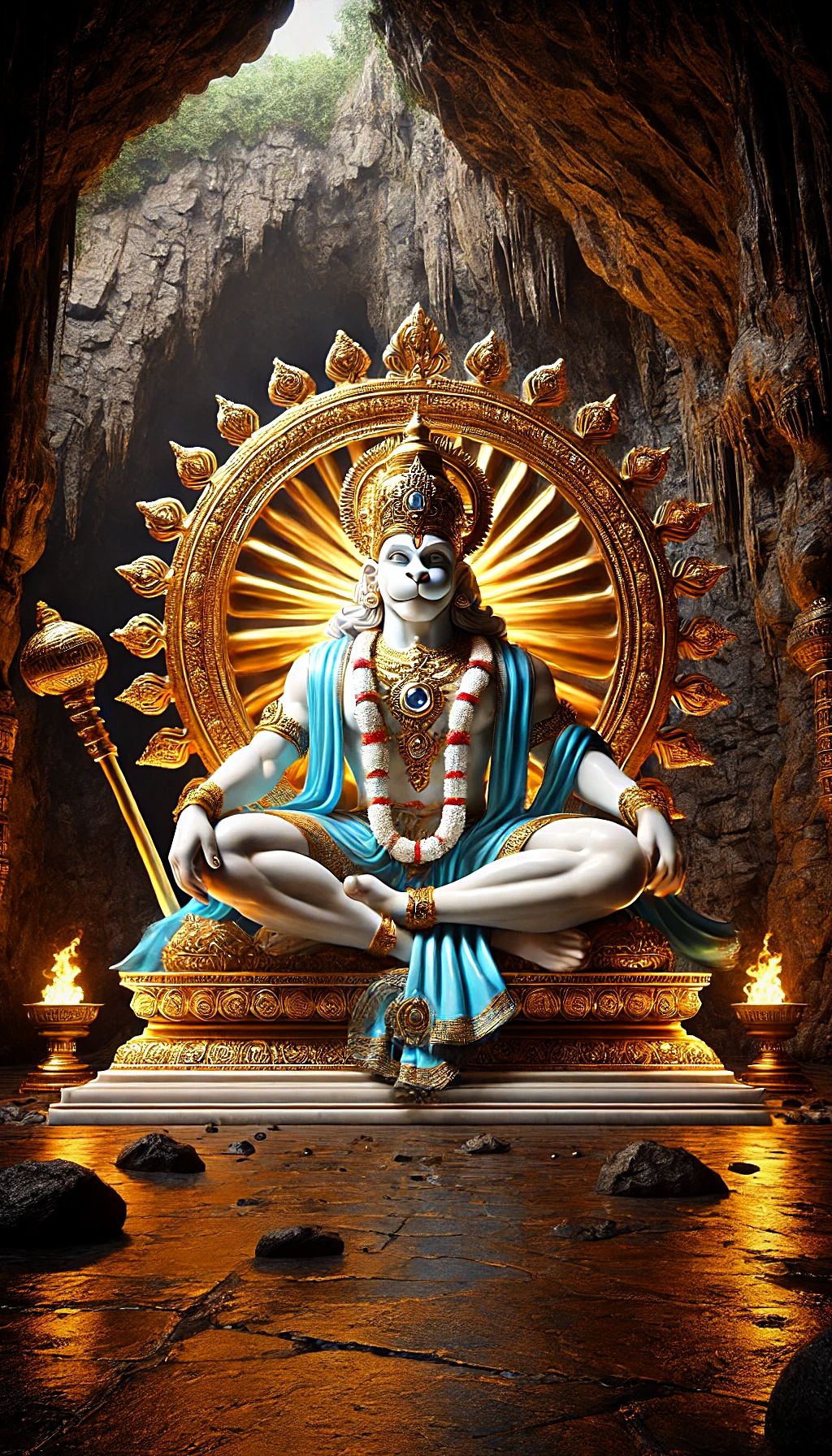 Hanumanji seated in a golden cave