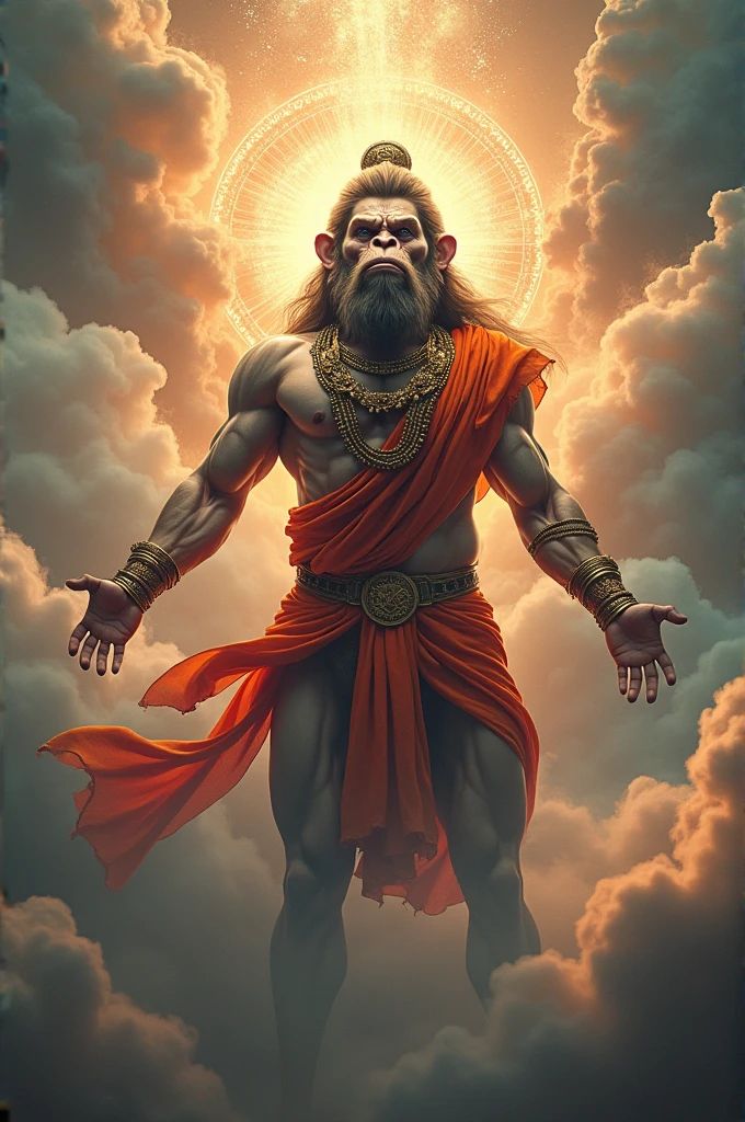 Powerful Hanuman amidst golden clouds