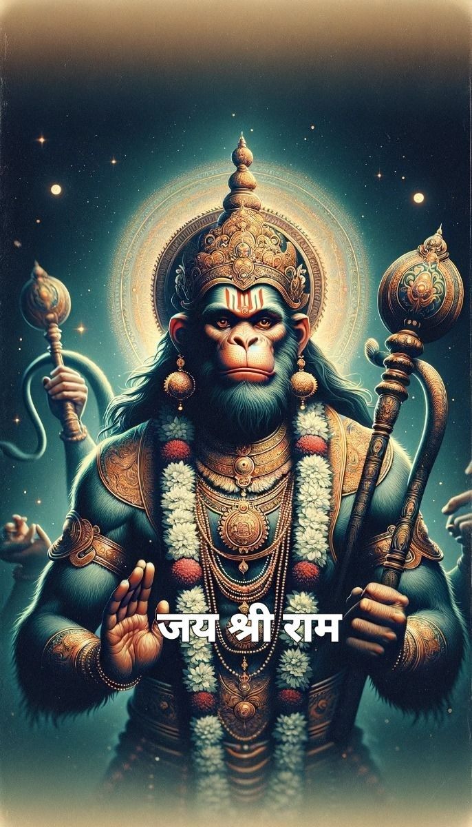 Hanuman portrait with mace cosmic background