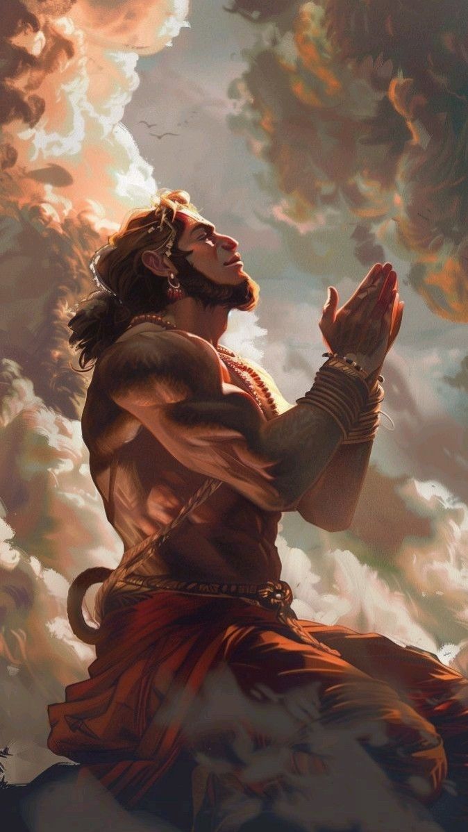 Hanuman offering prayers in the clouds